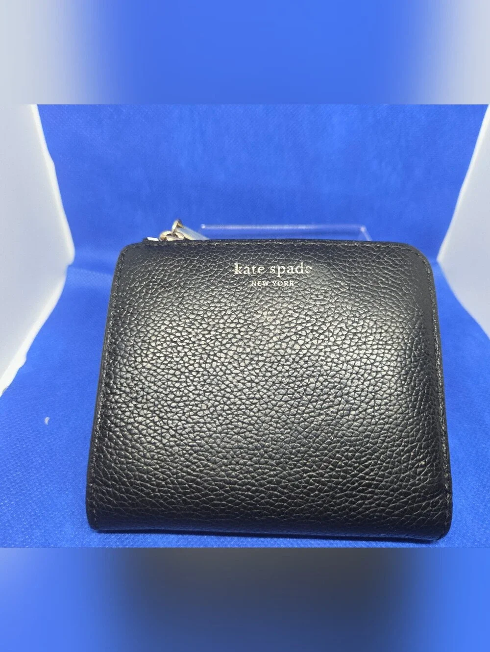Kate Spade New York Wallet Black Pebbled Leather Bifold Small Zip Around Compact